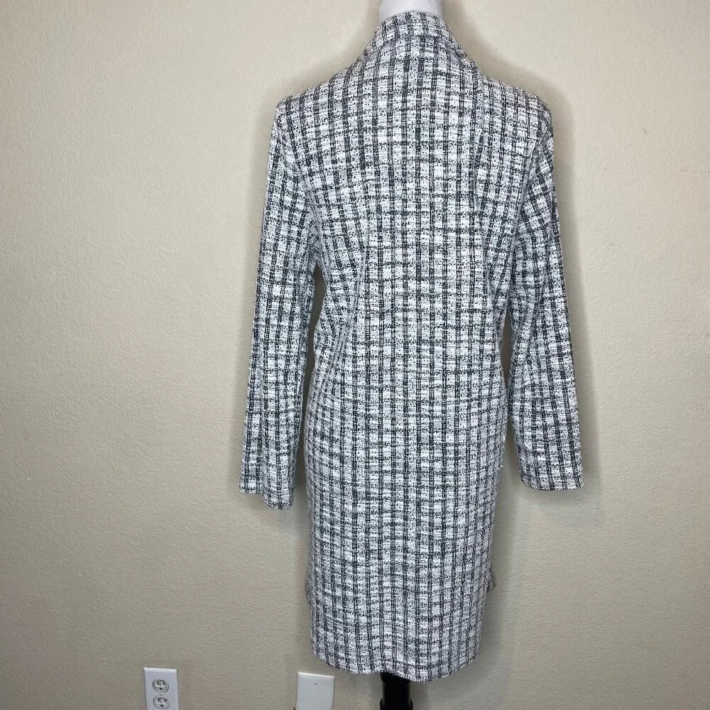 Melloday Black White Plaid Open Front Cotton Blend Longline Coat Jacket M